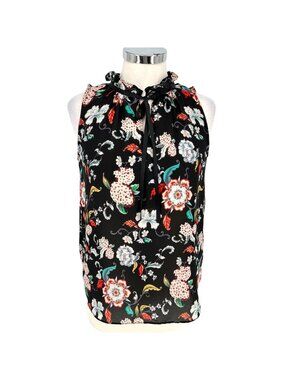 Violet & Claire Black Floral Print Sleeveless Blouse Ruffle Neck Size Small